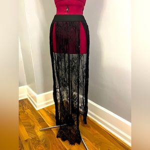 Black floral Sheer Slip Gypsy Skirt, medium, black lace with elastic waist band